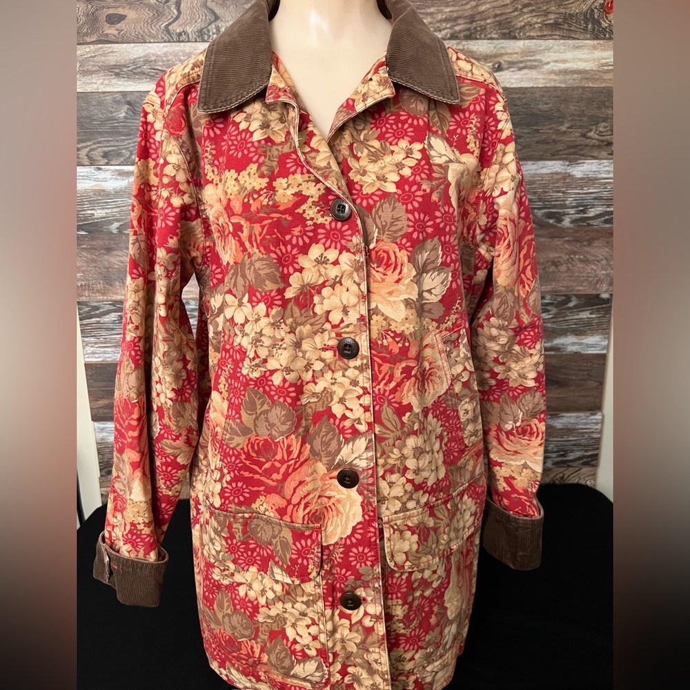 L.L. Bean Red Floral Jacket with Brown Accents